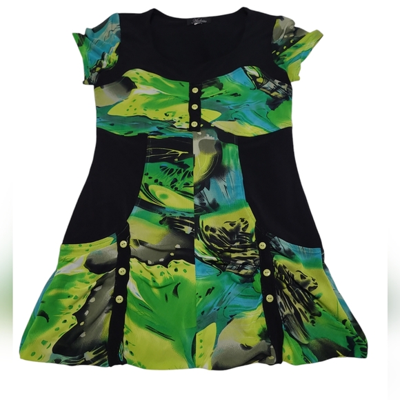 2 FOR💲1️⃣ ARDOISE Vibrantly Coloured Abstract Short-slv Tunic Top Sheer Overlay - Picture 11 of 14